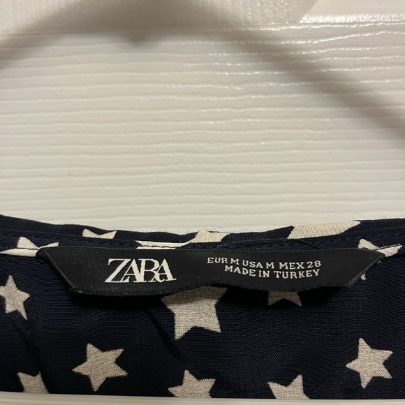 ZARA Navy Blue Black White Star Print Crop Blouse w Tie Sz Med - Picture 2 of 7